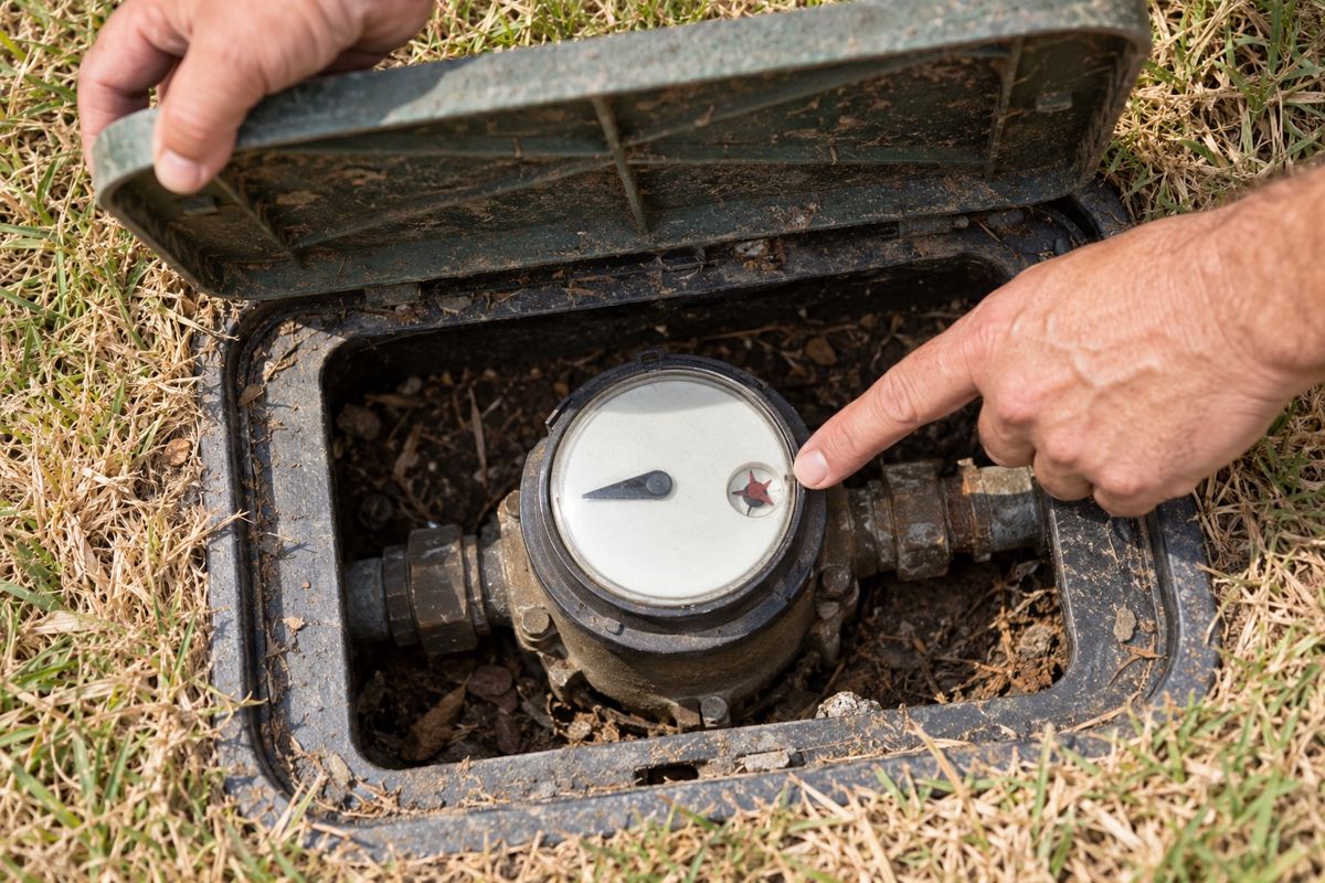 Hand pointing at the low-flow dial inside a water meter box
