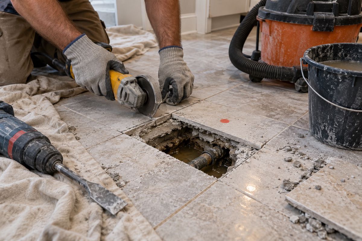 Hands opening a tile floor over a marked slab leak spot