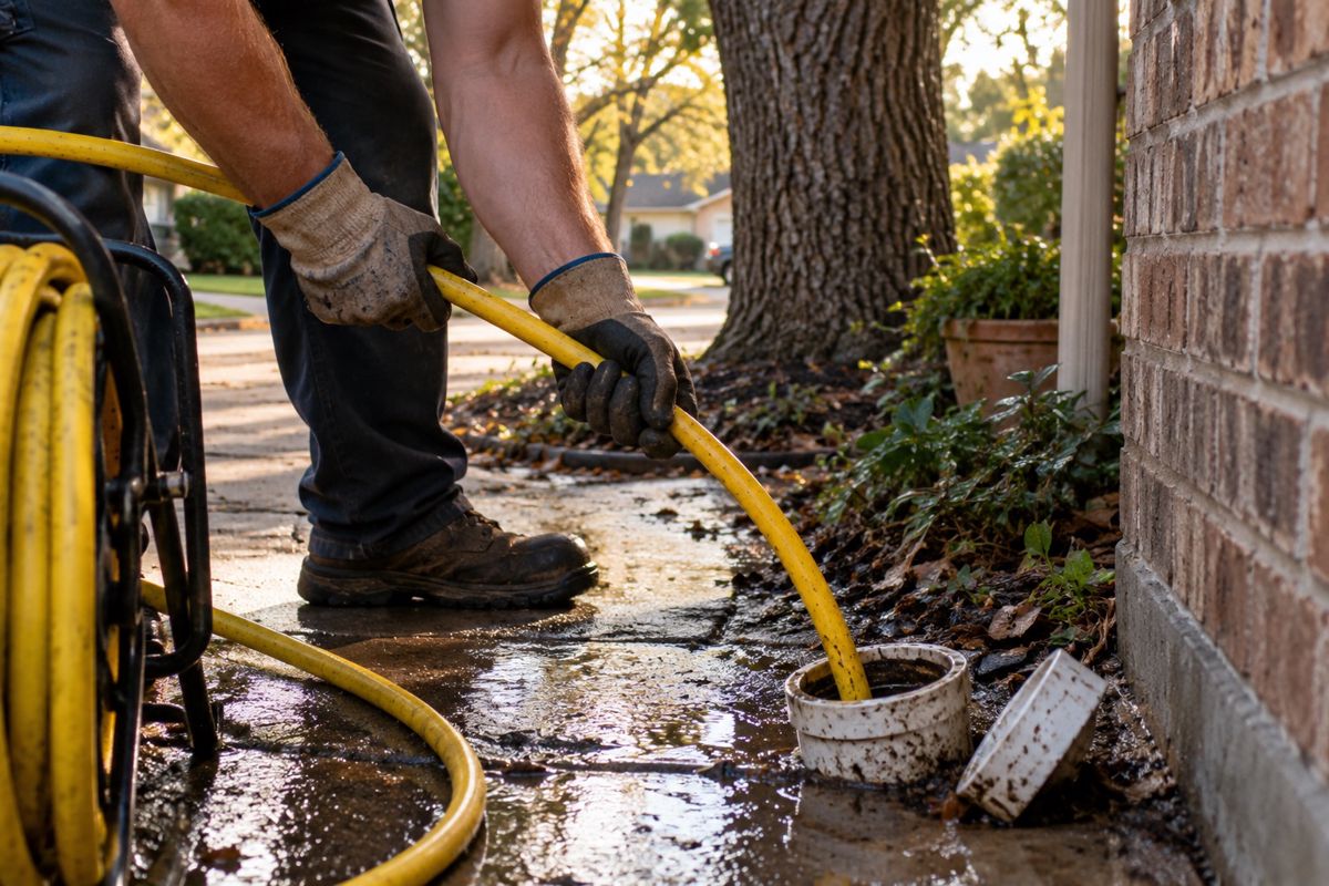 Hands feeding a hydro jetting hose into an outdoor clean-out