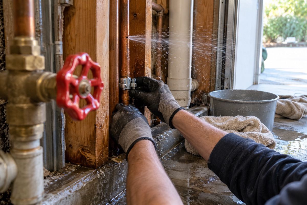 Gloved hands clamping a burst pipe inside a garage wall