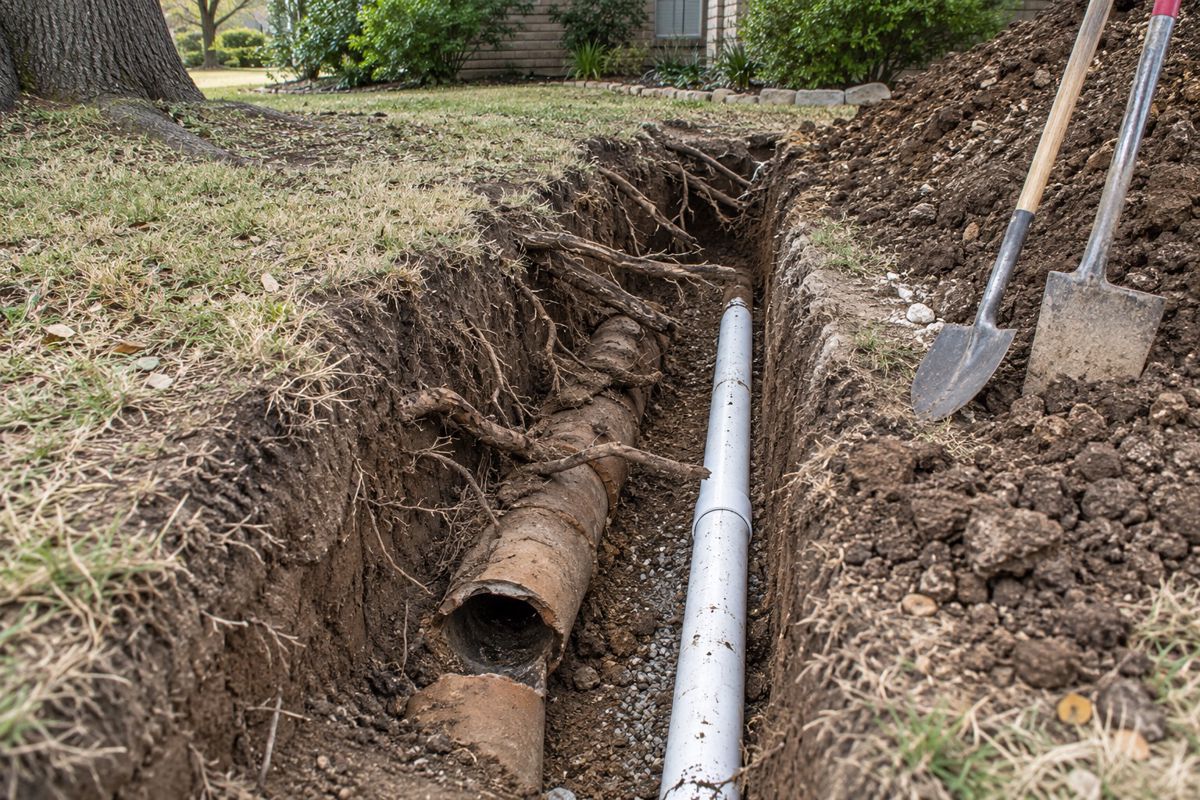 Open yard trench showing old clay sewer pipe and new pipe