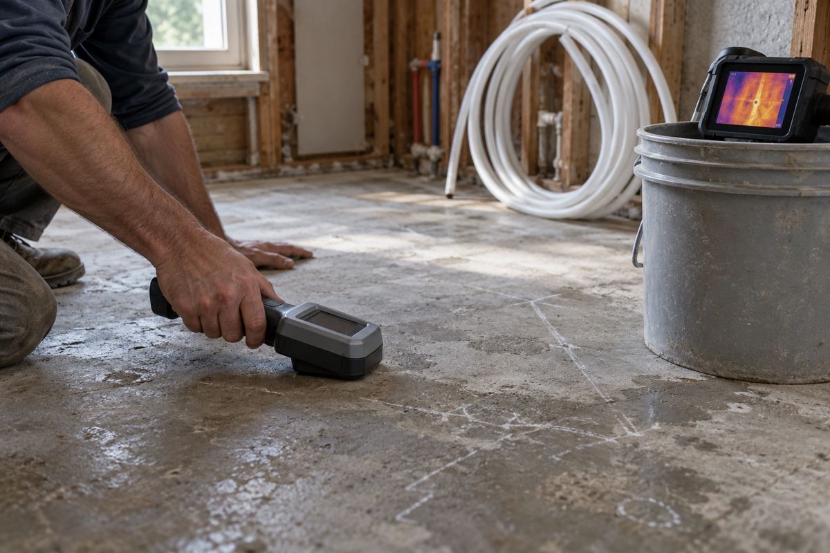 Hands using a leak detector on a bare concrete slab floor