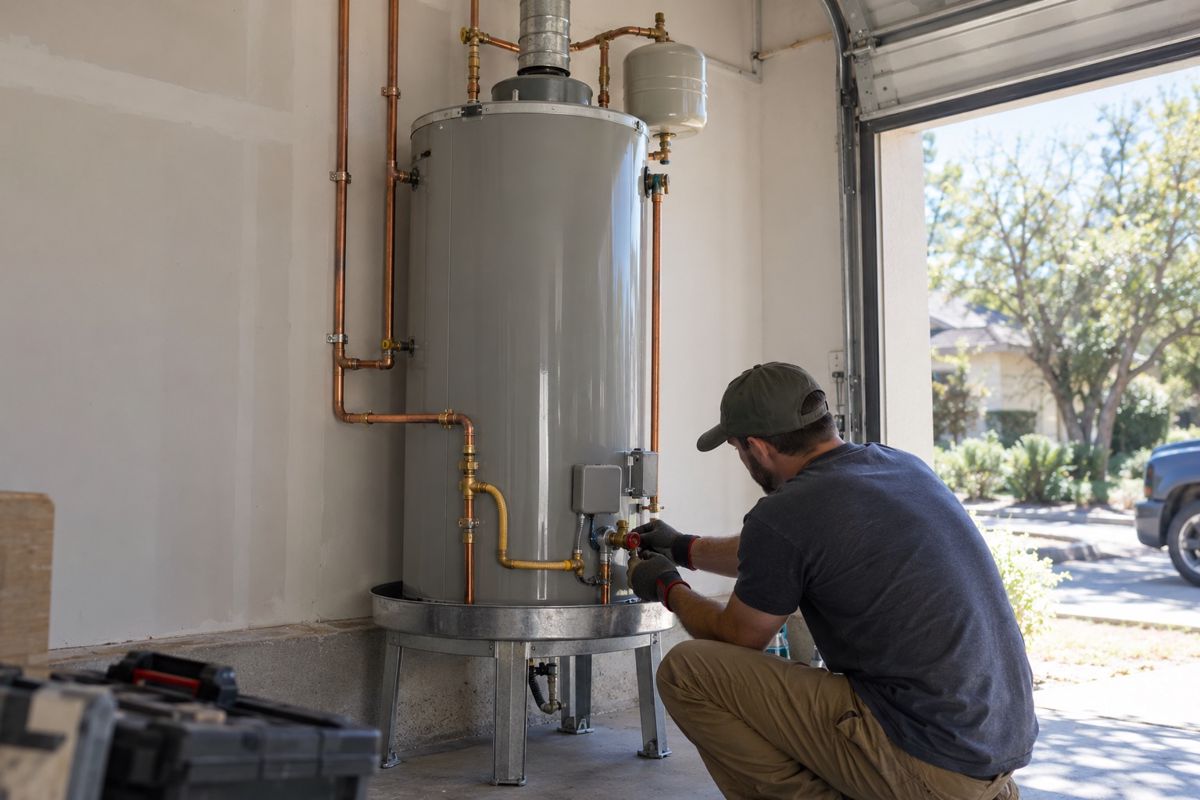 New tank water heater on a raised stand in a garage